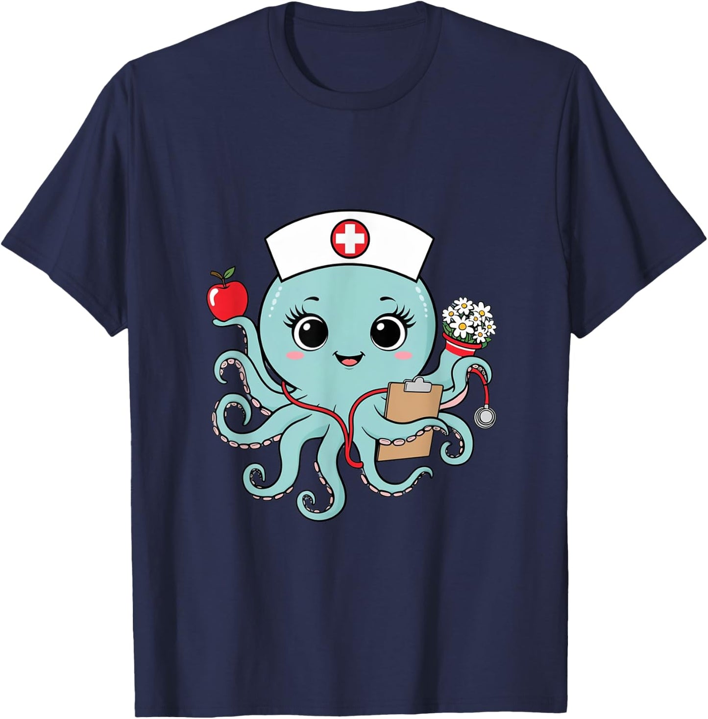 Octopus Nurse Cute Animal Nursing Cartoon Ocean T-Shirt - T-Shirt | Navy