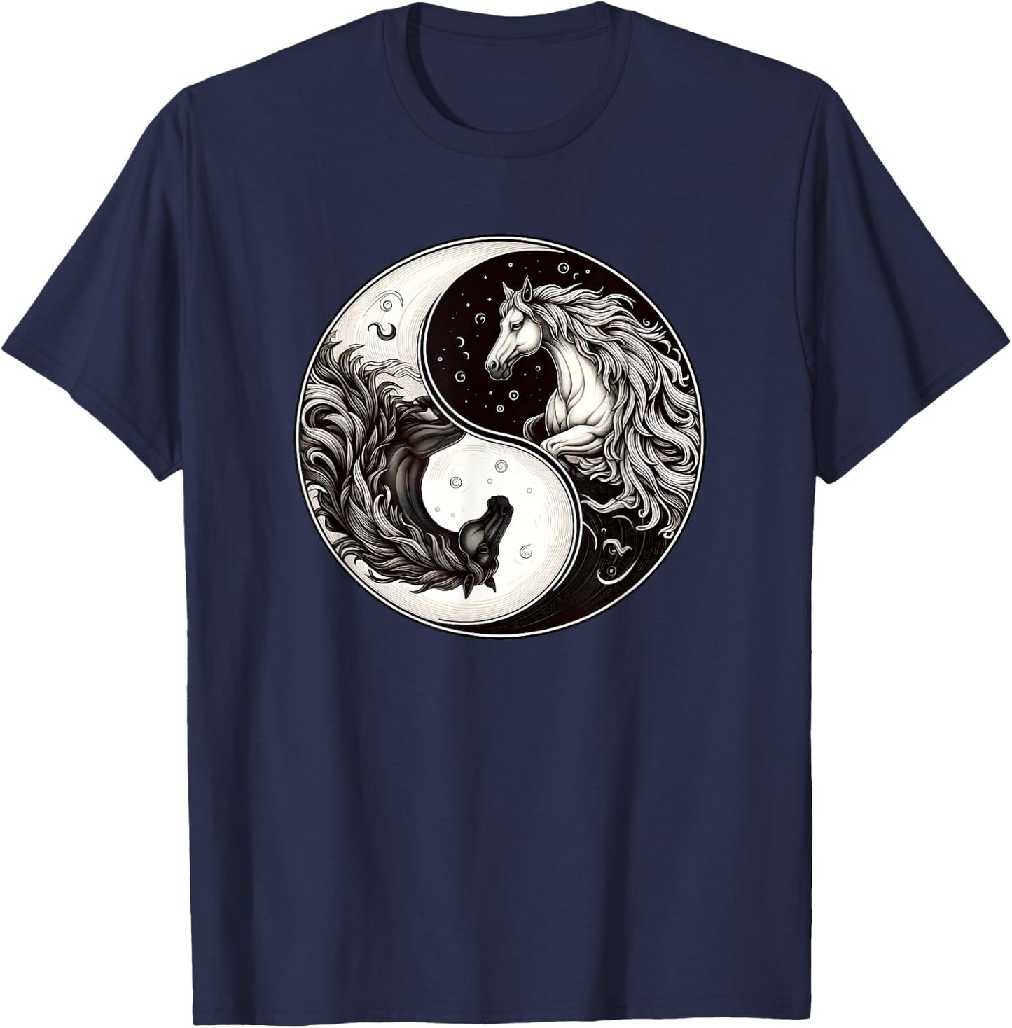 Yin Yang Asian Culture Horses Moon T-Shirt - T-Shirt | Navy