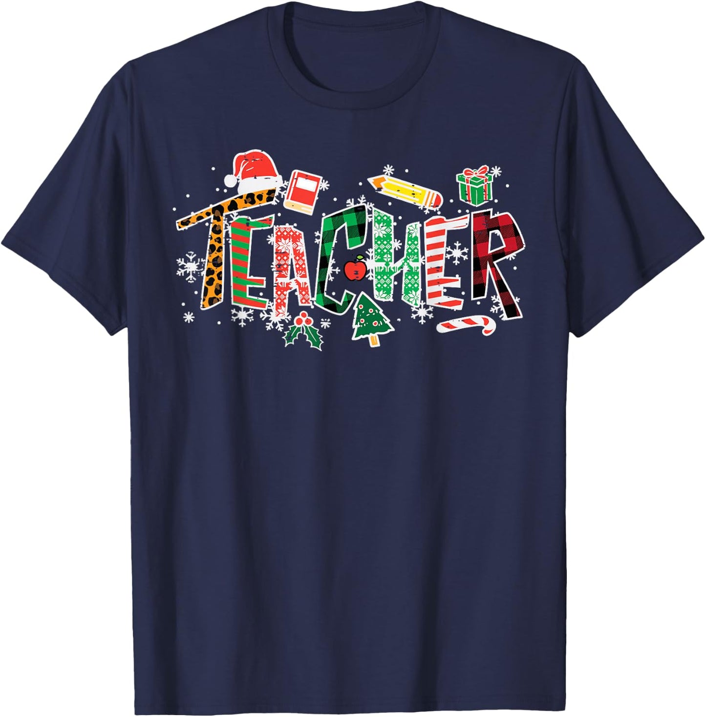 Leopard Buffalo Plaid Teacher Christmas School Xmas Women T-Shirt - T-Shirt | Navy