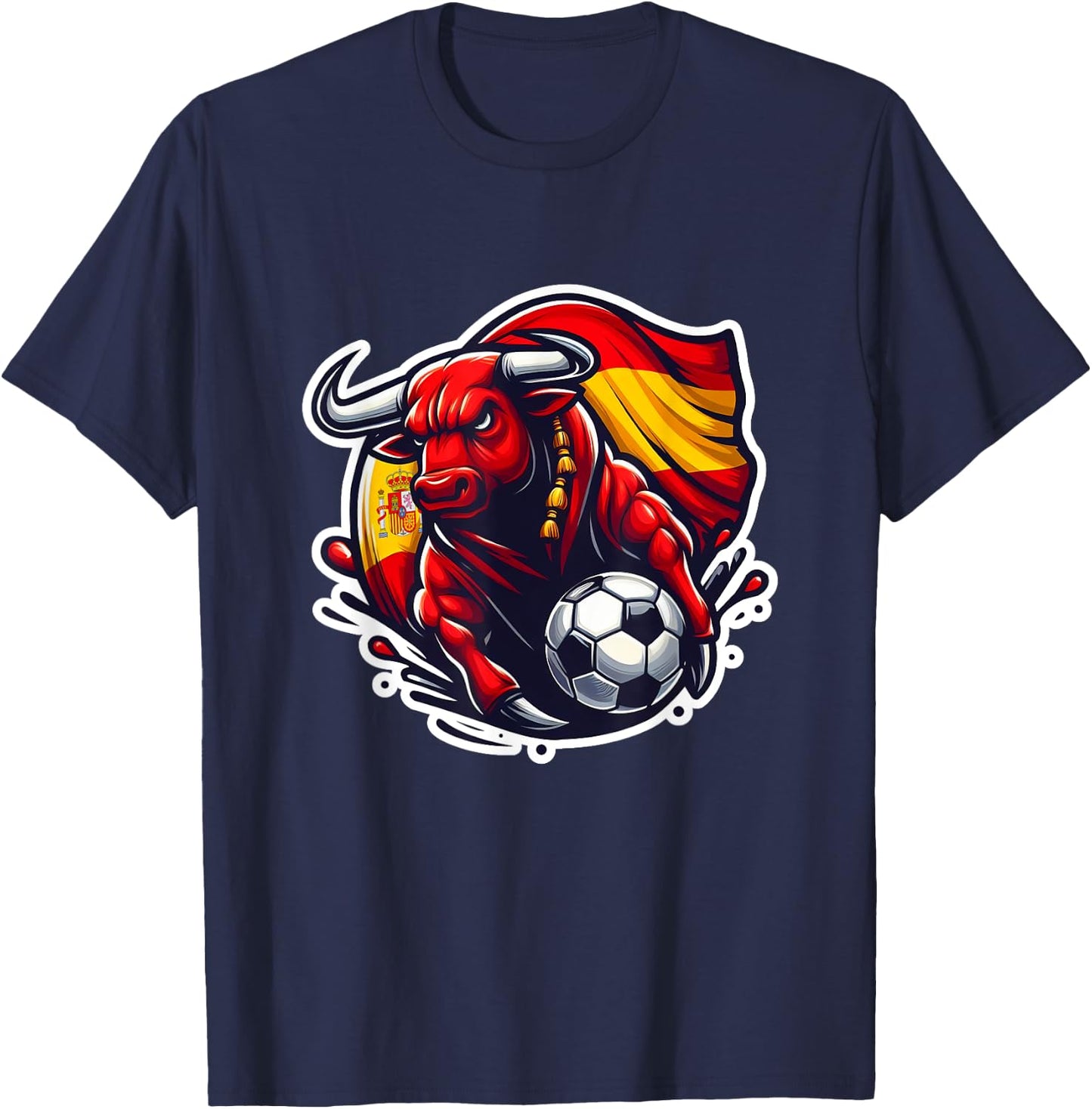 Spanish Flag Fan Spain Art Cartoon Bull , Black, S T-Shirt - T-Shirt | Navy
