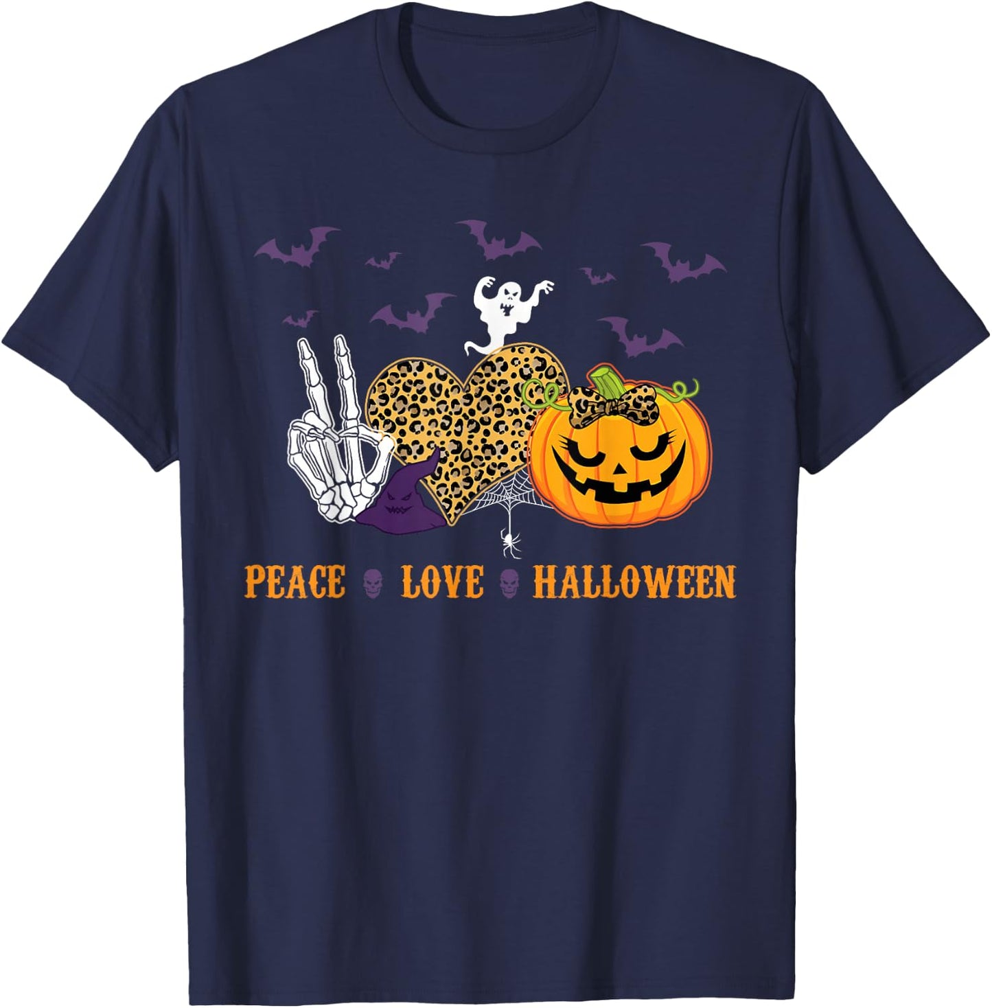 Peace Love Halloween Skeleton Pumpkin Hippie Costume T-Shirt - T-Shirt | Navy