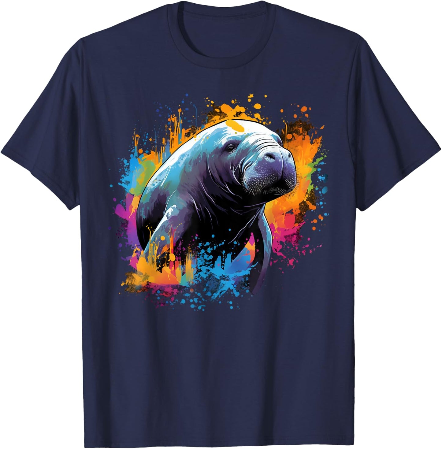 Cool Manatee on colorful painted Manatee T-Shirt - T-Shirt | Navy