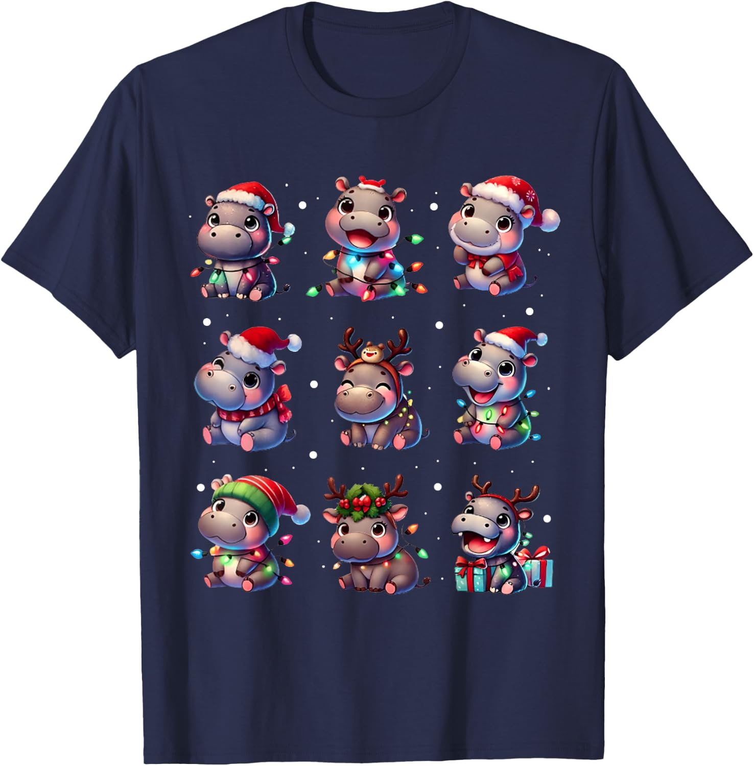 Cute Hippo in Christmas Lights Funny Xmas Gifts Kid Women PJ T-Shirt - T-Shirt | Navy