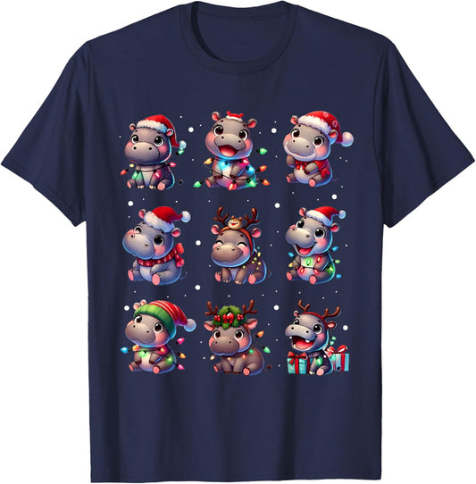 Cute Hippo in Christmas Lights Funny Xmas Gifts Kid Women PJ T-Shirt - T-Shirt | Navy