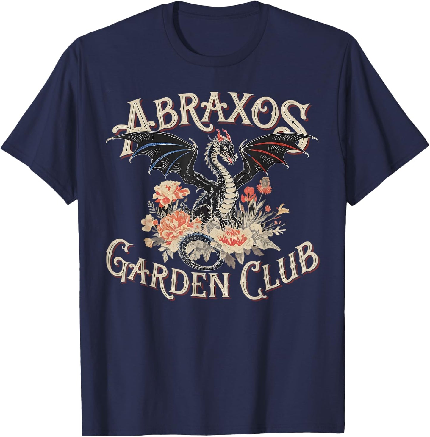 Abraxos Garden Club Dragon Vintage Fantasy Floral Pattern T-Shirt - T-Shirt | Navy