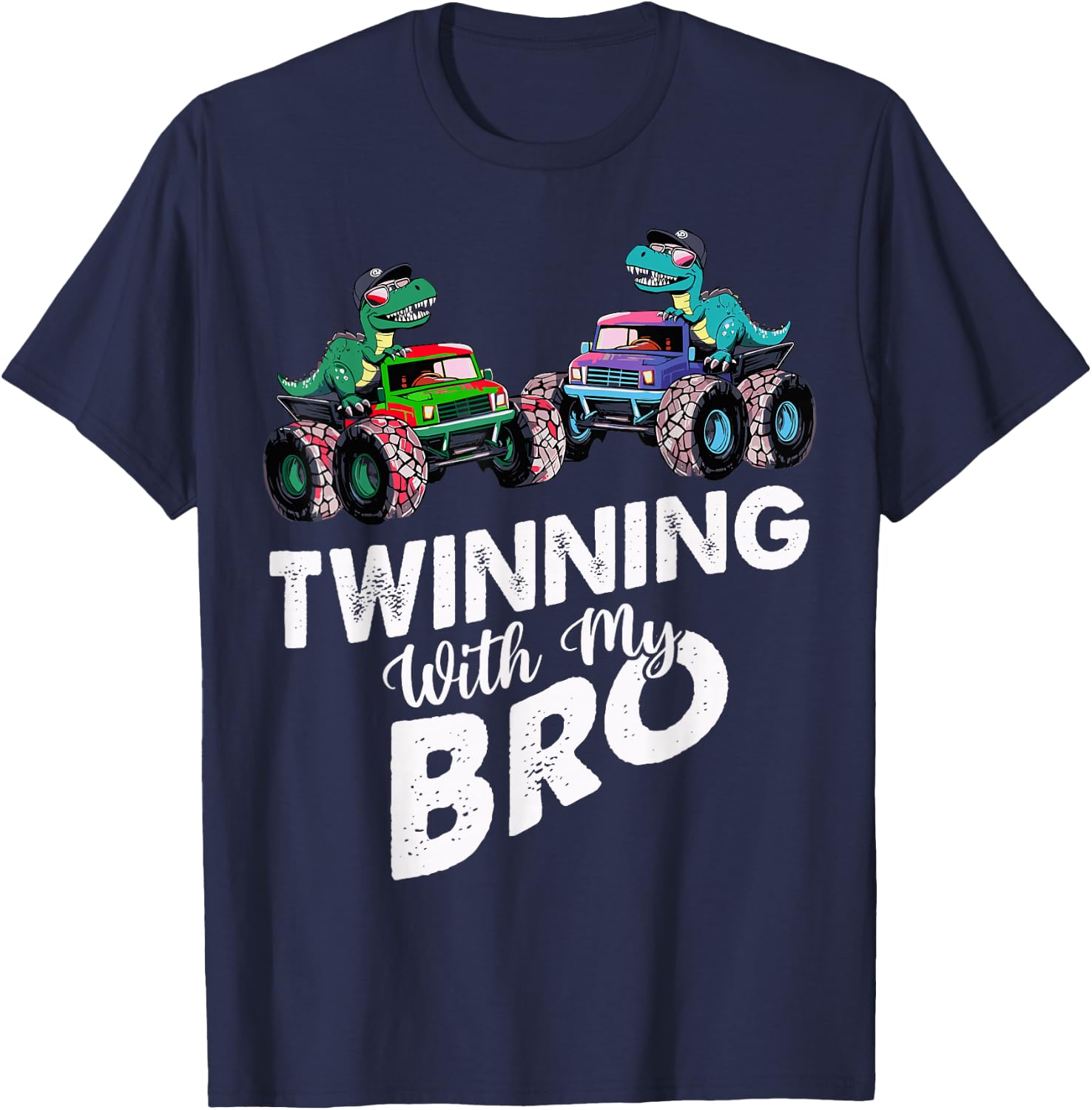 Twinning With My Bro Monster Trucks T Rex Twin Day T-Shirt - T-Shirt | Navy