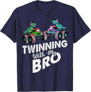 Twinning With My Bro Monster Trucks T Rex Twin Day T-Shirt - T-Shirt | Navy