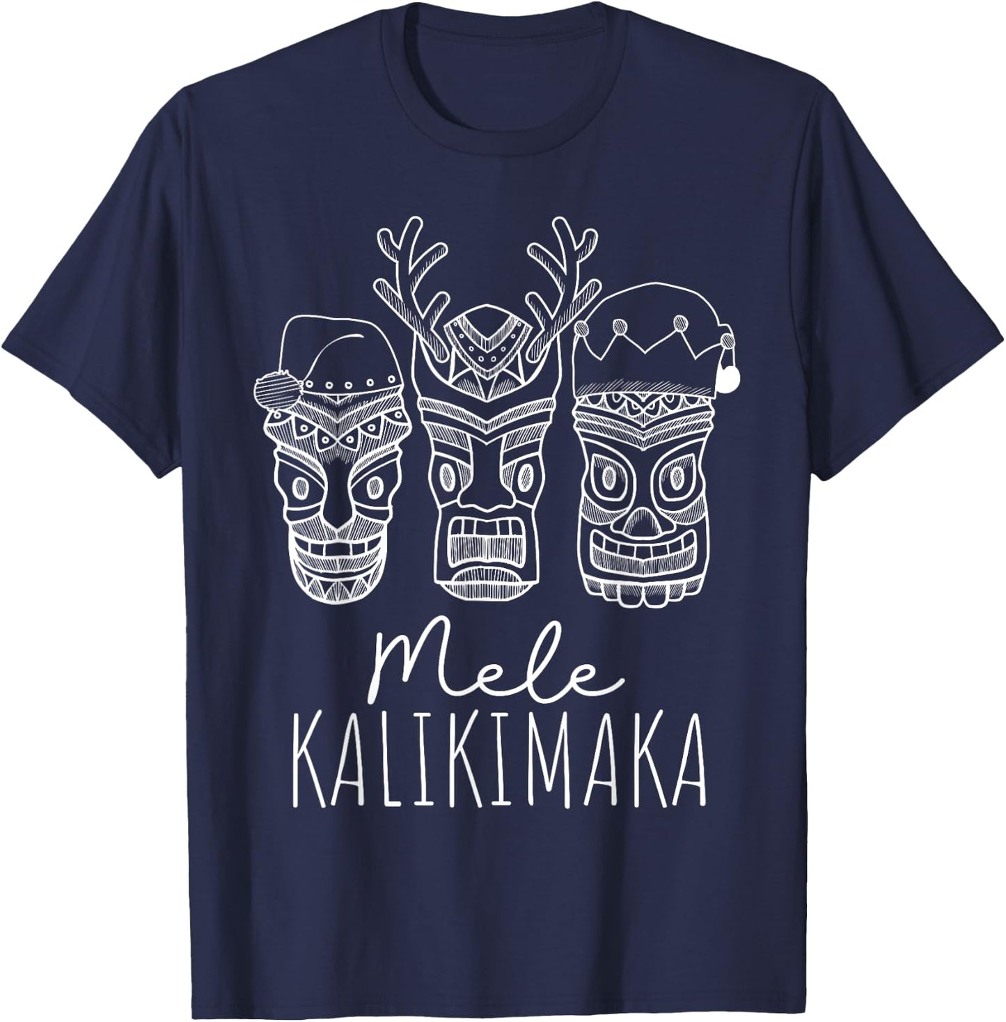 Mele Kalikimaka Christmas Hawaiian Santa Tiki Mask Tropical T-Shirt - T-Shirt | Navy