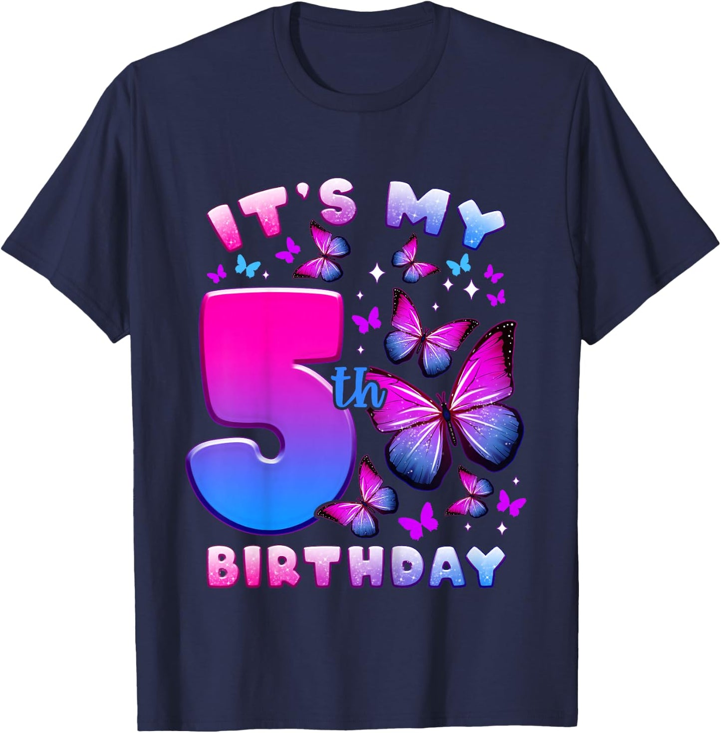 Birthday Girl 5 Years Old Butterfly Number 5 T-Shirt - T-Shirt | Navy