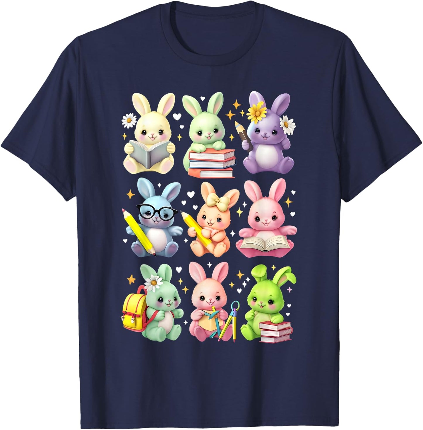 Cute Teacher Bunny Rabbit Reading Easter Bunnies Book Lovers T-Shirt - T-Shirt | Navy