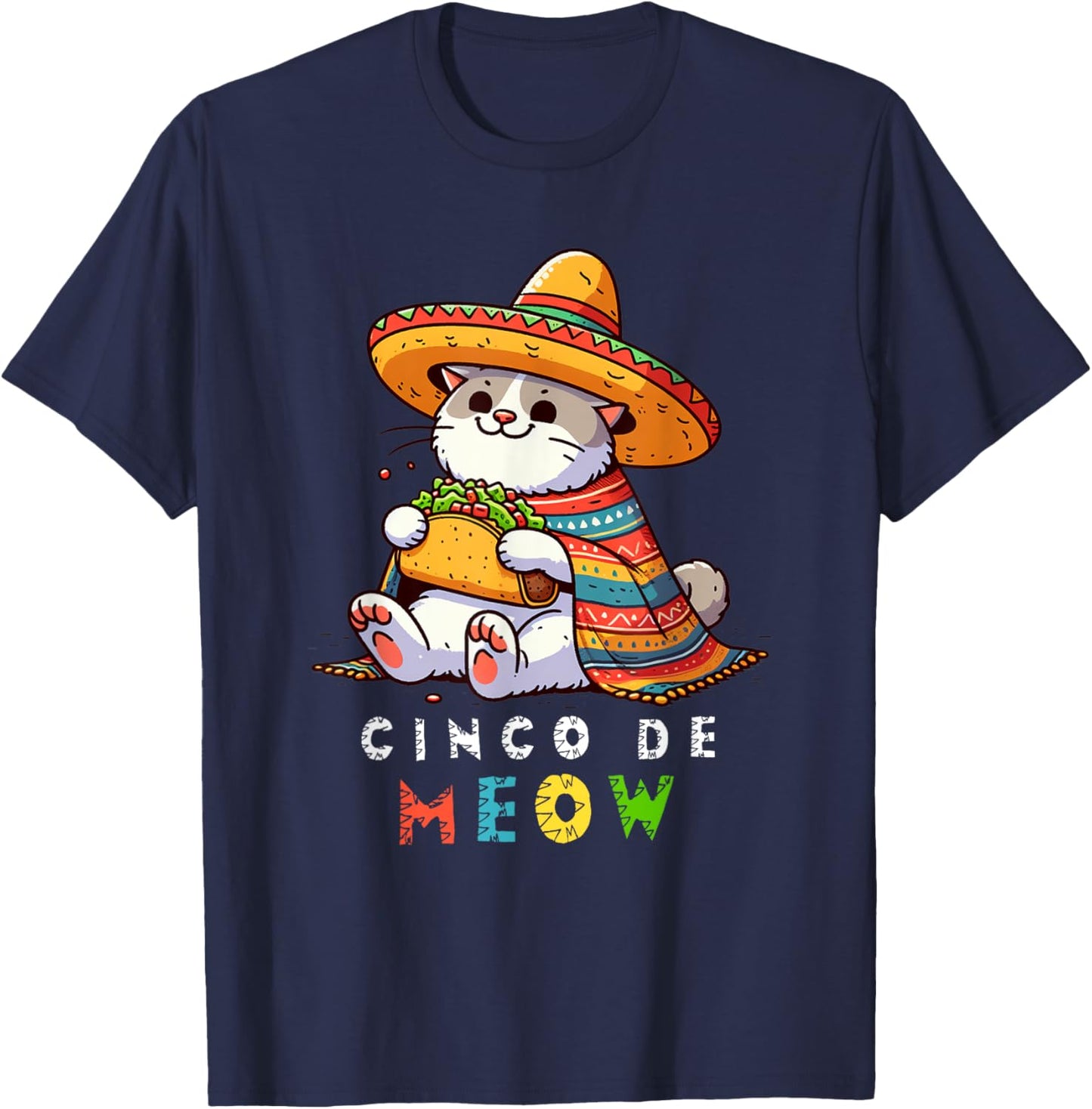 Cinco De Meow with Smiling Cat Taco and Sombrero Men Women Kids T-Shirt - T-Shirt | Navy