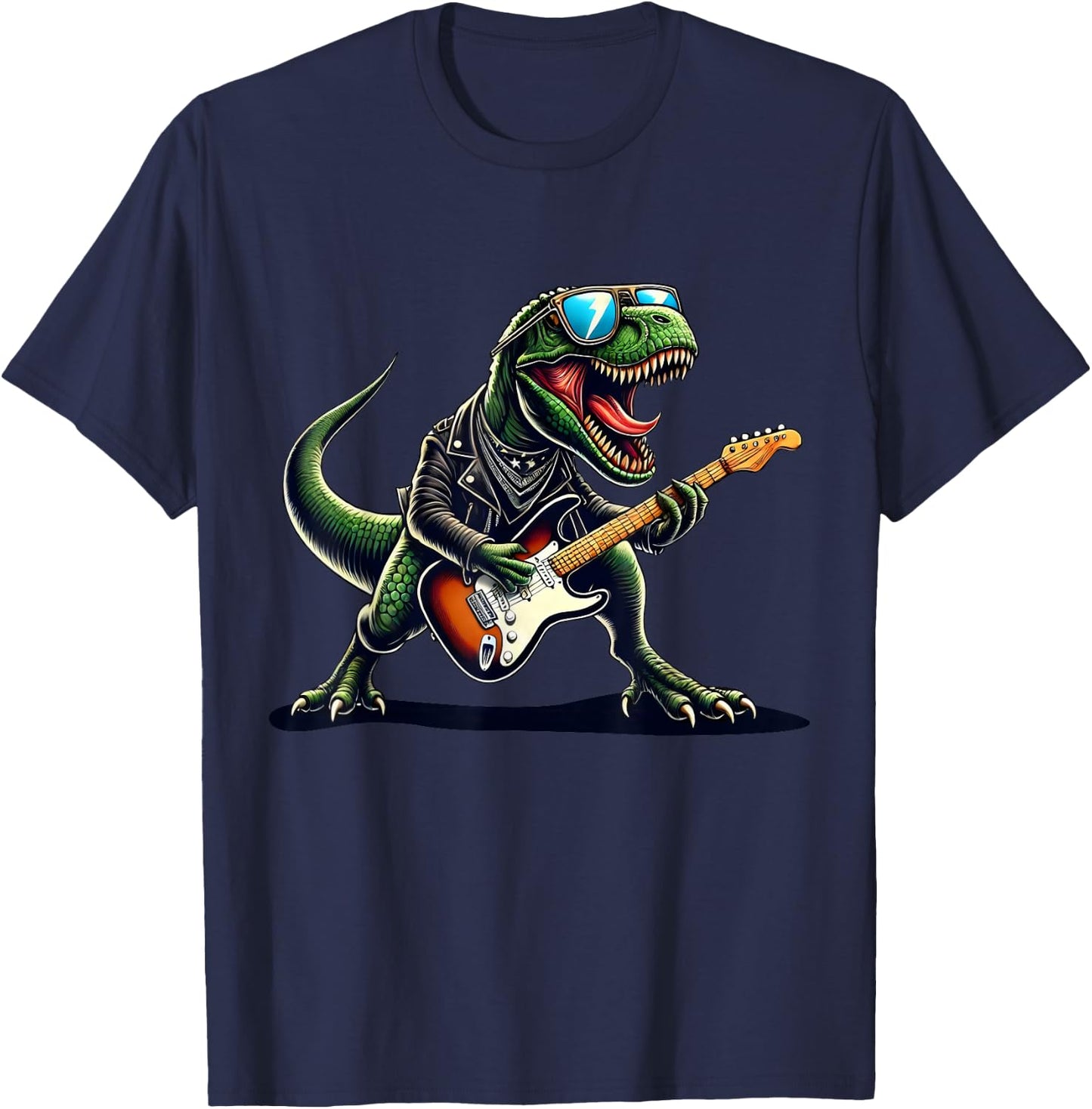 Punk Dinosaur, Rock'n Roll Goth Dino, Funny Guitar Band Kids T-Shirt - T-Shirt | Navy
