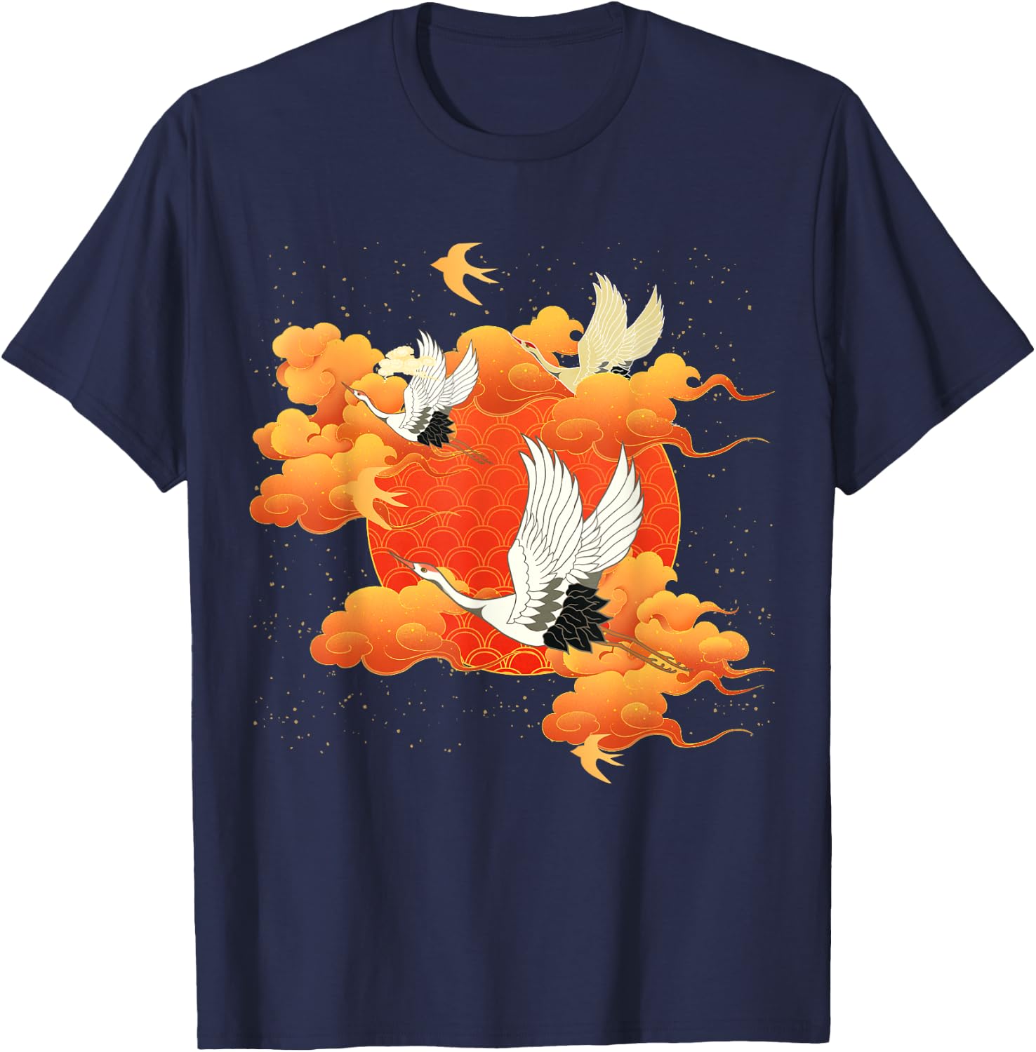 Flying Crane Bird Red Clouds and Sun Japanese Chinese Art T-Shirt - T-Shirt | Navy