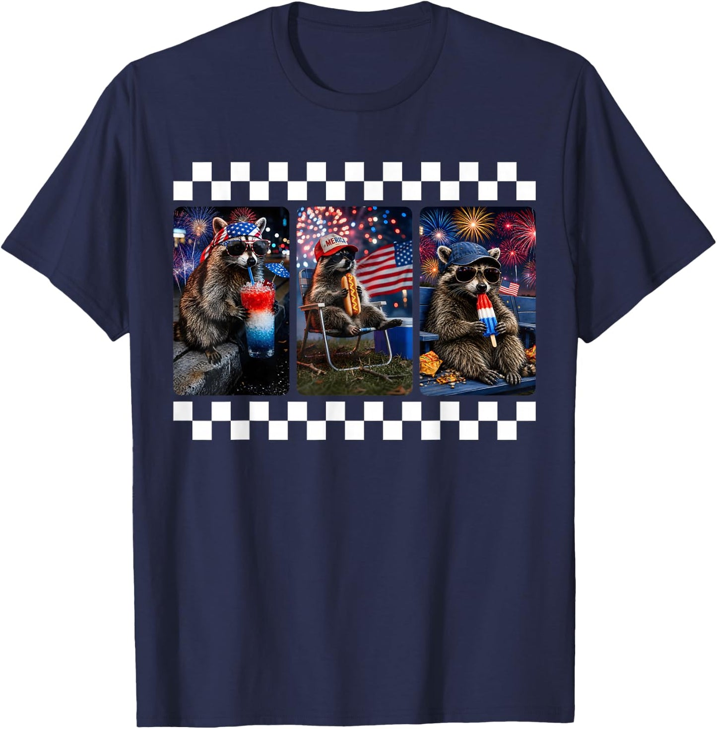 Funny Raccoon 4th of July Fireworks Patriotic USA Men Women T-Shirt - T-Shirt | Navy