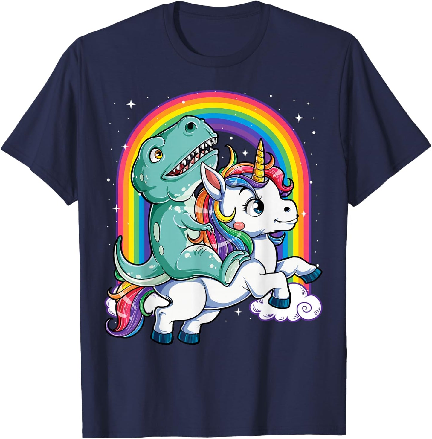 Dinosaur Riding Unicorn Funny T-rex Boys Men Rainbow Galaxy T-Shirt - T-Shirt | Navy