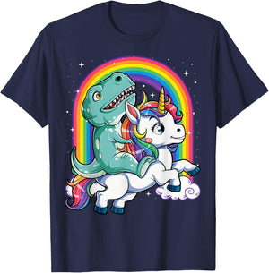 Dinosaur Riding Unicorn Funny T-rex Boys Men Rainbow Galaxy T-Shirt - T-Shirt | Navy
