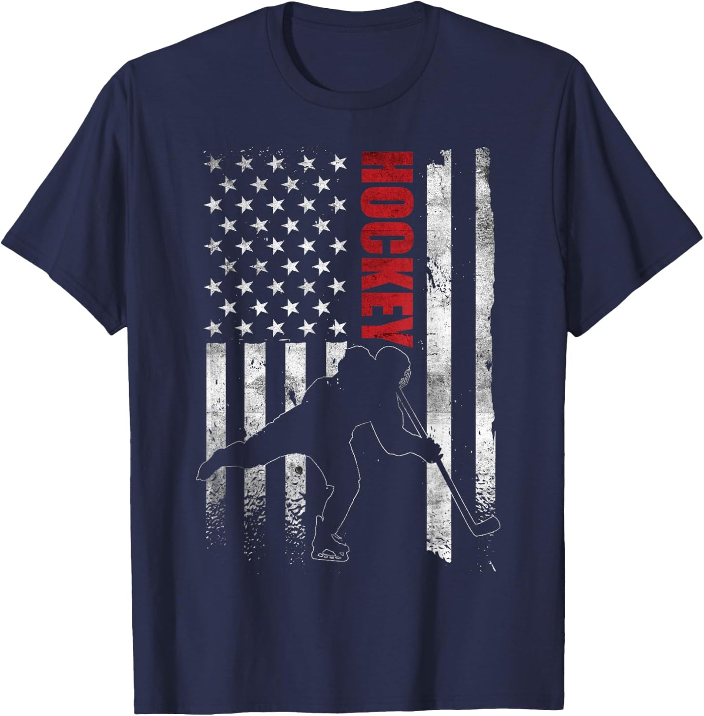 Vintage Ice Hockey American Flag Ice Hockey Player 4th July T-Shirt - T-Shirt | Navy