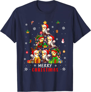 Merry Christmas Group Santa Elf Cockatiels As Xmas Tree Bird T-Shirt - T-Shirt | Navy