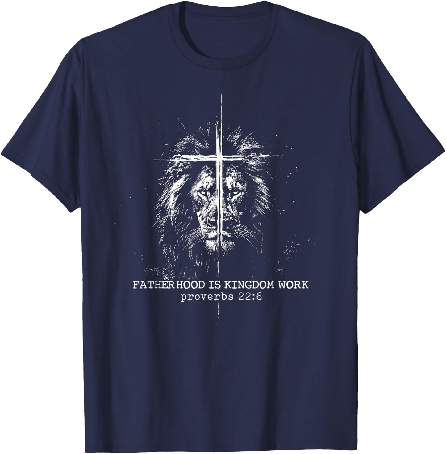 Fatherhood is Kingdom Work Retro Faith Based Lion Cross T-Shirt - T-Shirt | Navy