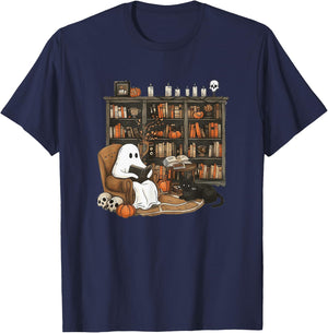 Retro Ghost Reading Books, Librarian Ghost Halloween T-Shirt - T-Shirt | Navy