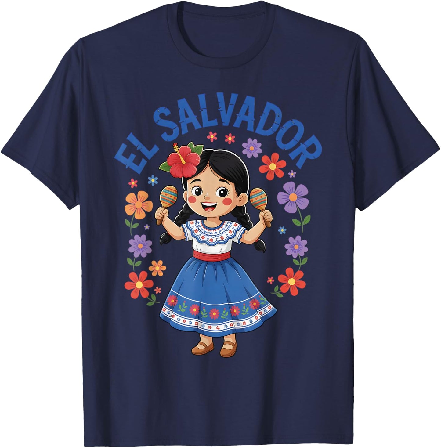 El Salvador Girl Maracas Traditional Dress Flowers T-Shirt - T-Shirt | Navy