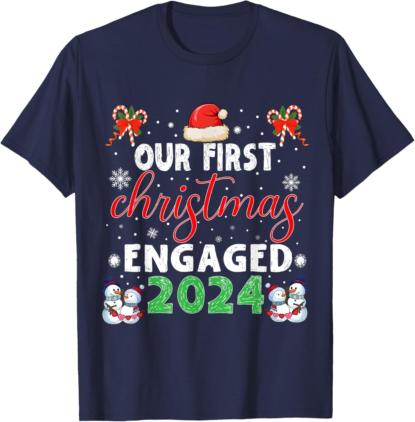 Christmas Couple Our First Christmas Engaged 2024 Funny Couple Xmas Pajamas T-Shirt - T-Shirt | Navy