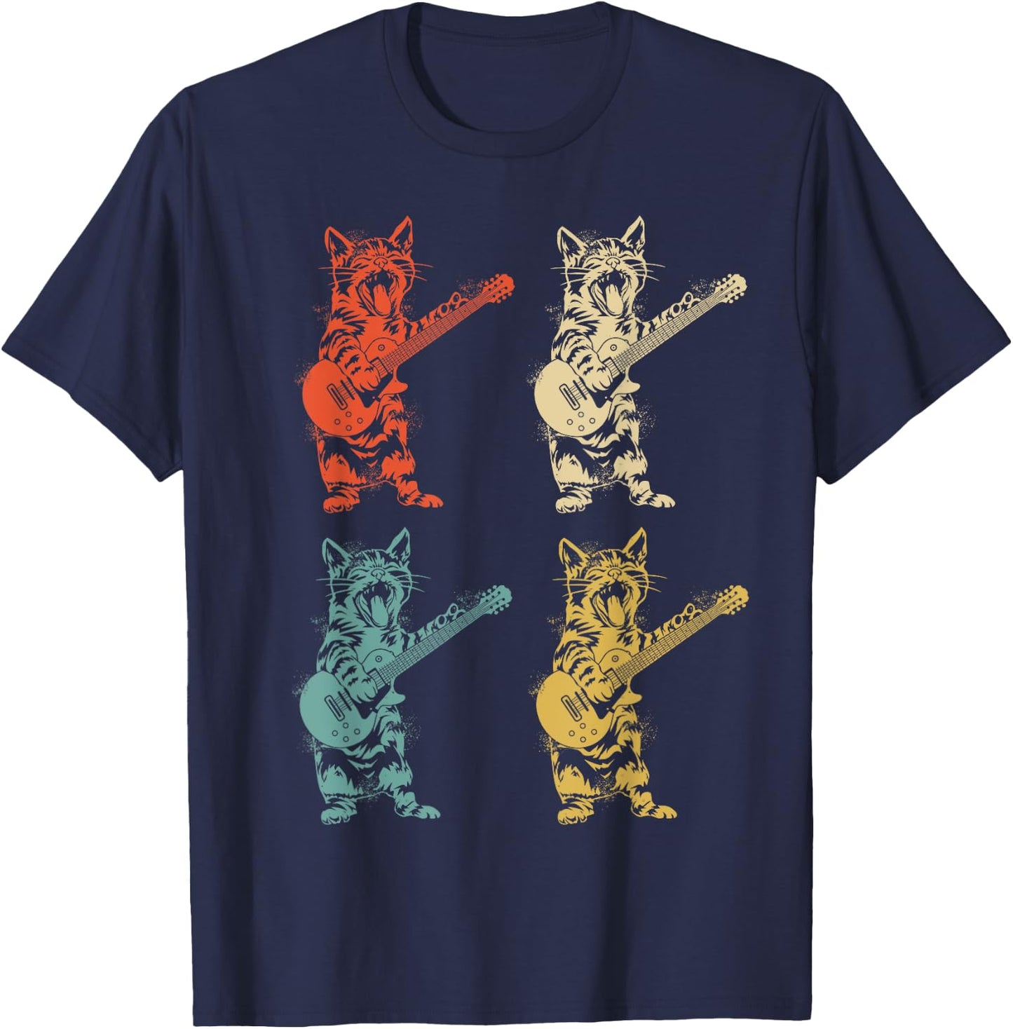 Retro Cat Rocker Kitty Plays Guitar Rockstar Guitarist , Black T-Shirt - T-Shirt | Navy