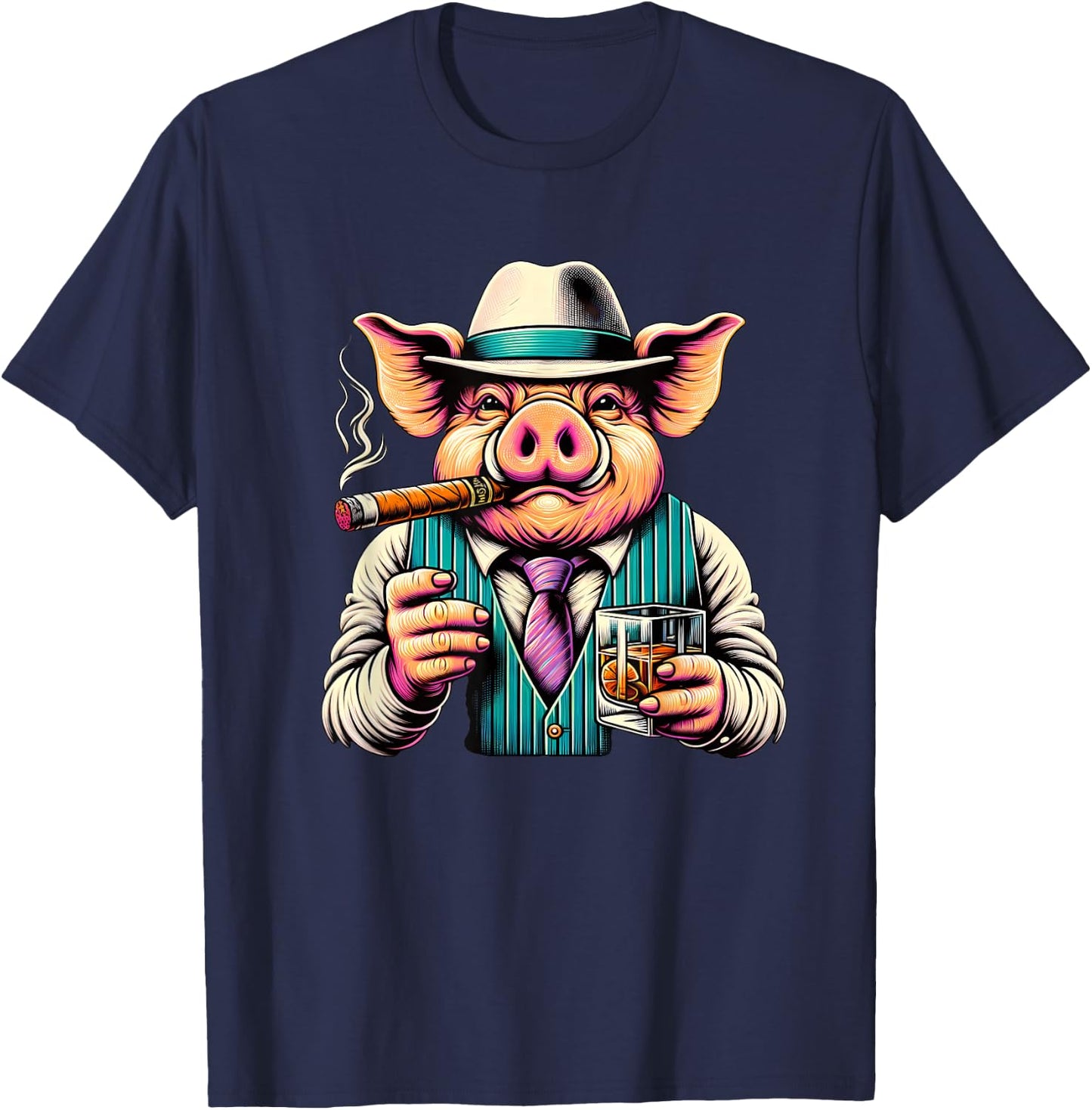 Pig Cigar And Whiskey T-Shirt - T-Shirt | Navy