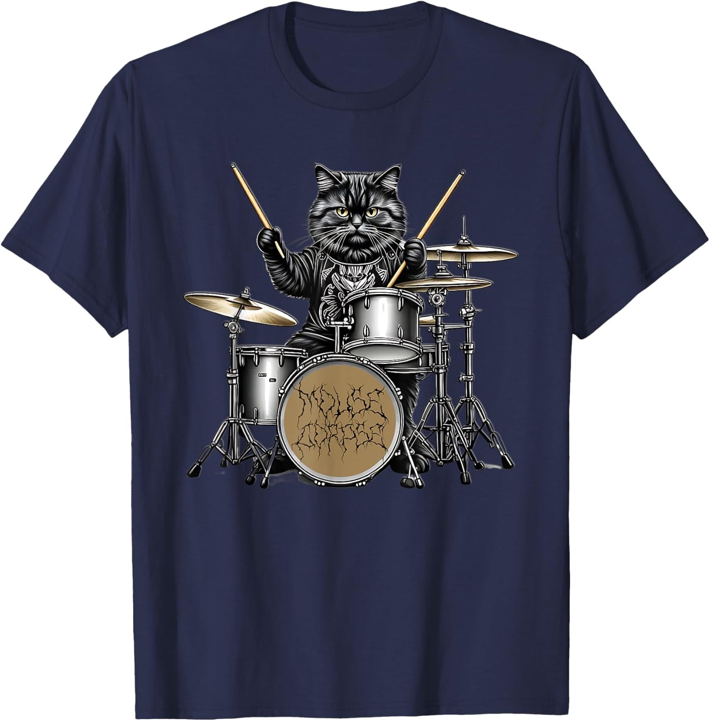 Heavy Metal Cats and Death Metal Metalhead Drummer Guitar T-Shirt - T-Shirt | Navy