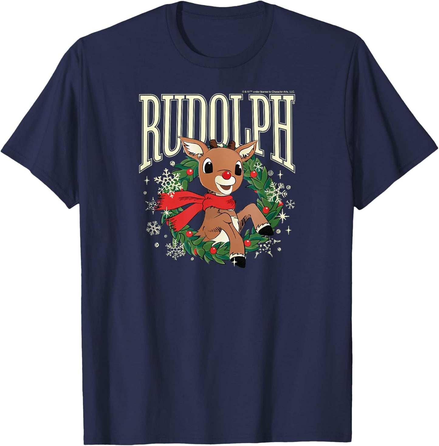 Rudolph The Red Nosed Reindeer - Christmas Wreath T-Shirt - T-Shirt | Navy