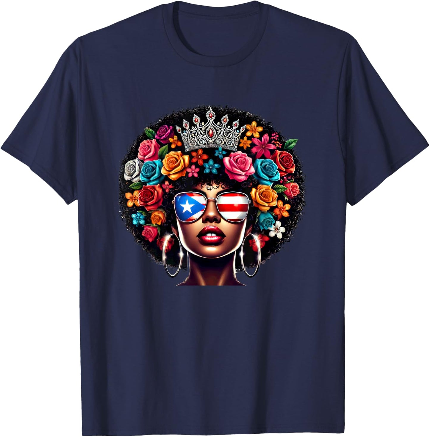 Afro Boricua Queen Crown Flowers Sunglasses Puerto Rico Flag T-Shirt - T-Shirt | Navy