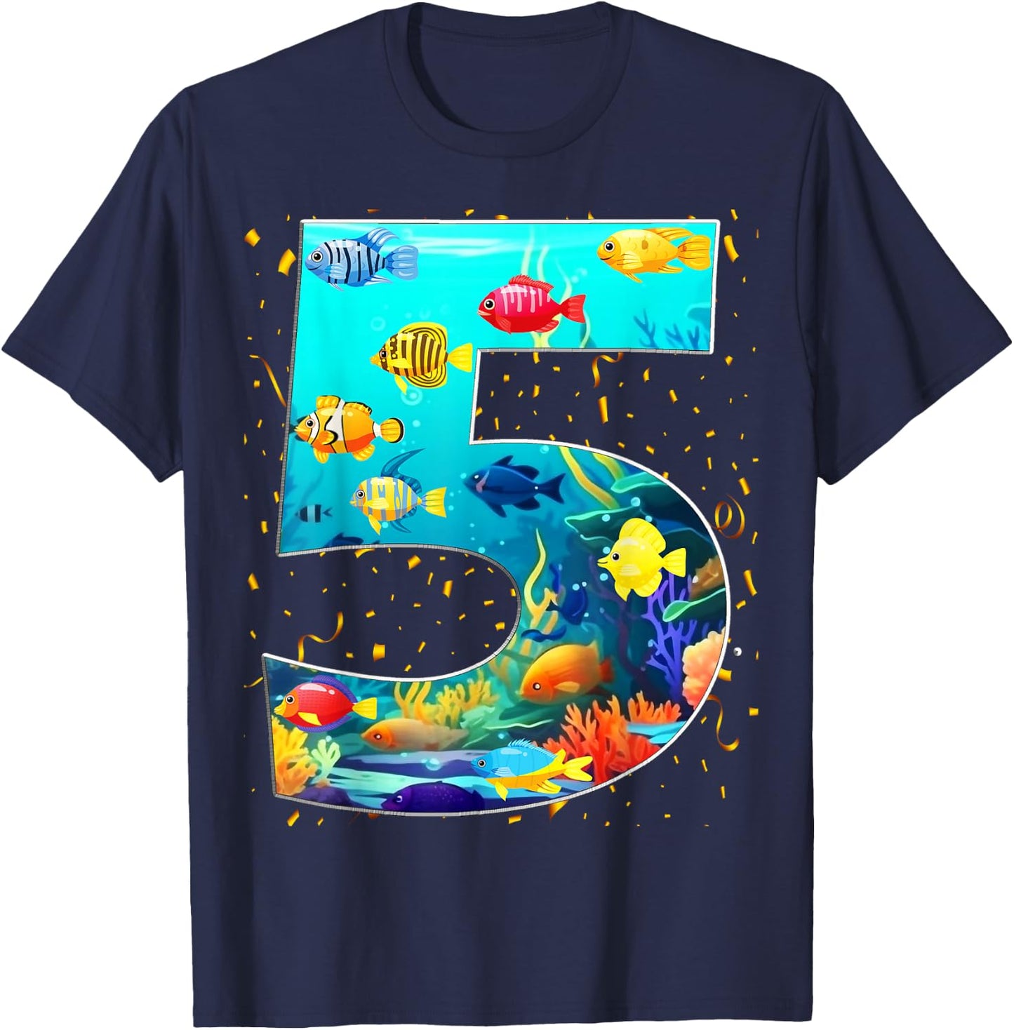 5th Birthday Party 5 Year Old Sea Fish Aquarium Birthday Boy T-Shirt - T-Shirt | Navy