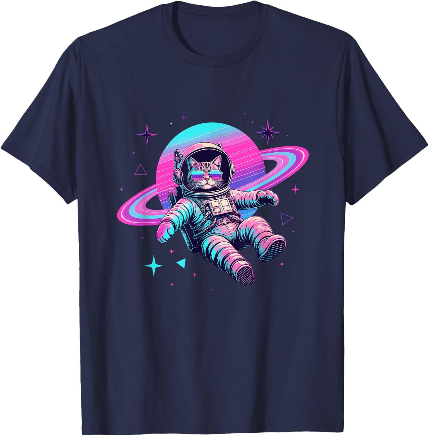 Galaxy Space Cat Astronaut with Planet Rings T-Shirt - T-Shirt | Navy