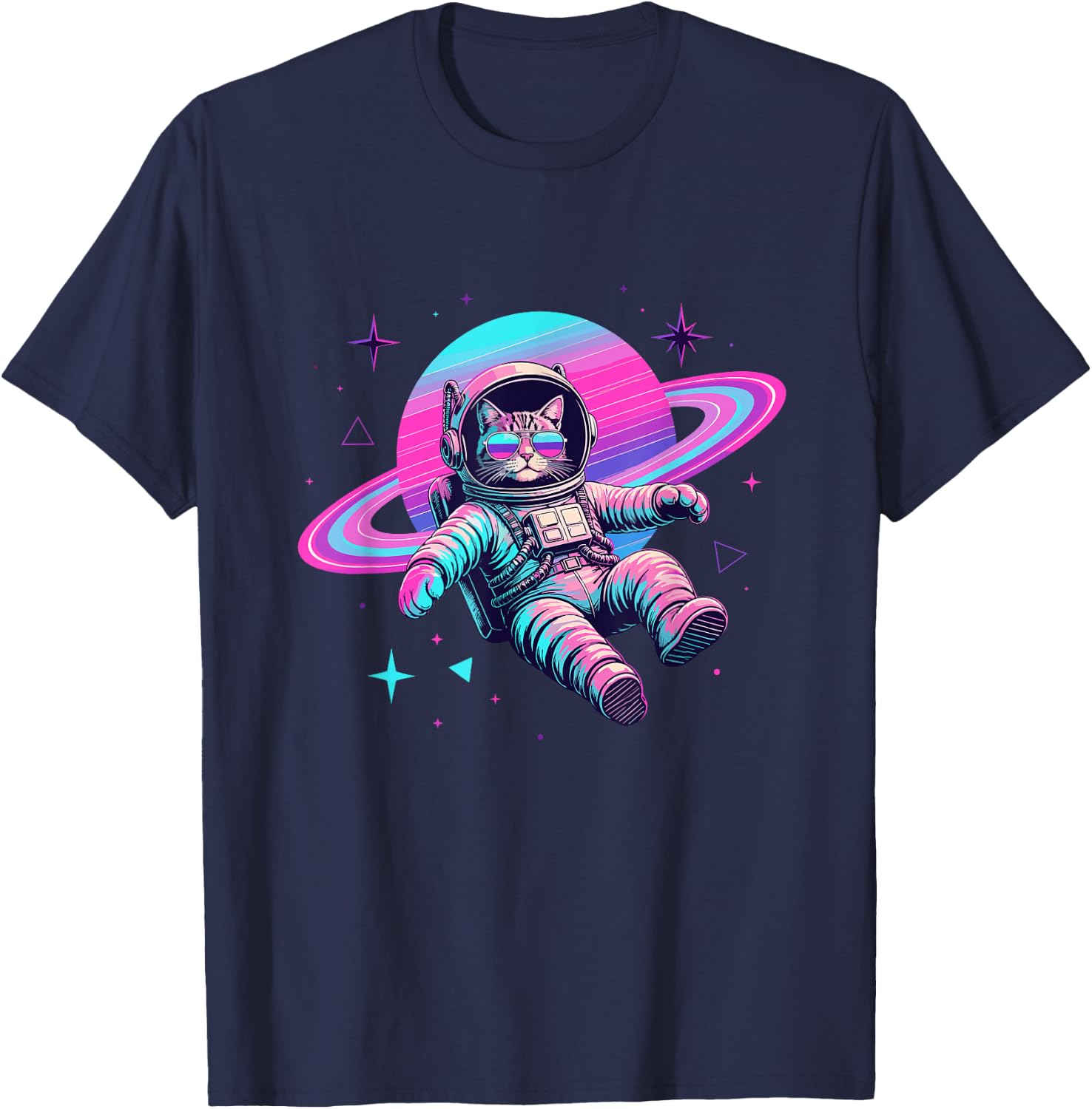 Galaxy Space Cat Astronaut with Planet Rings T-Shirt - T-Shirt | Navy