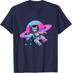Galaxy Space Cat Astronaut with Planet Rings T-Shirt - T-Shirt | Navy