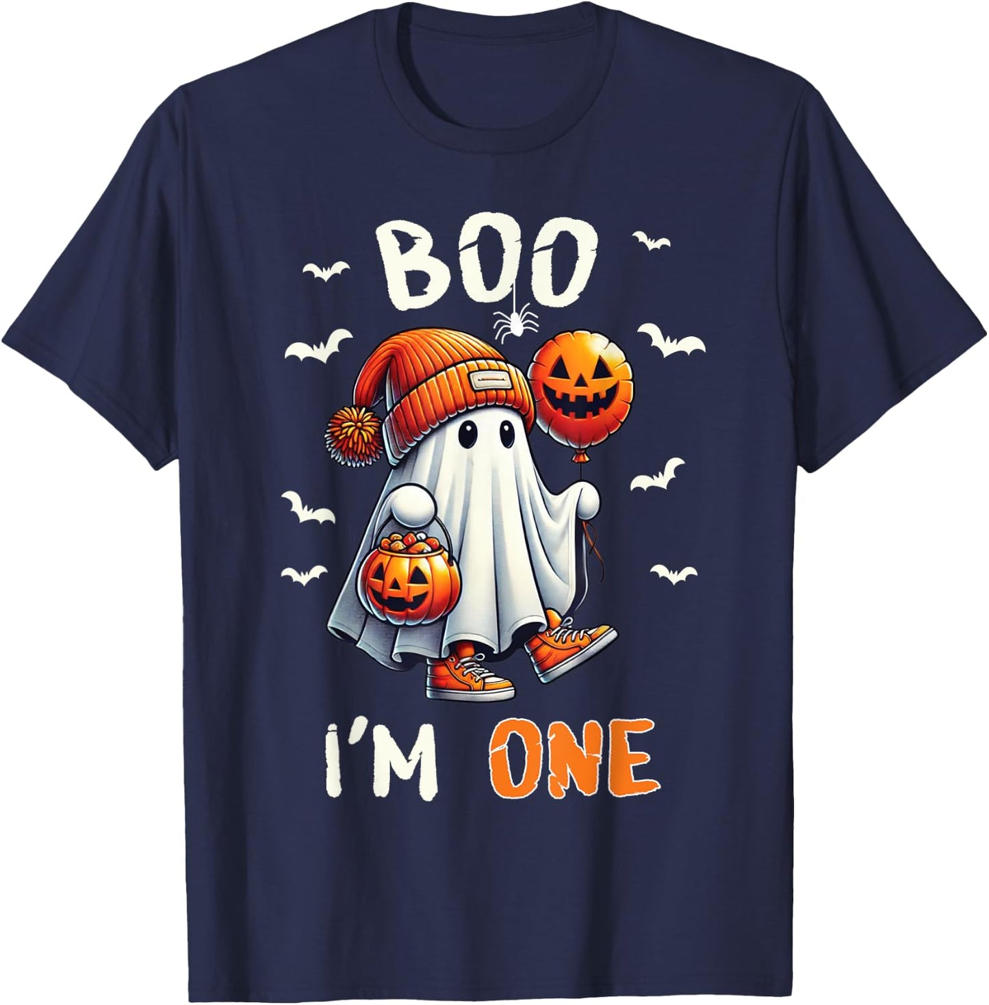 Boo I'm One Ghost 1st Birthday Halloween Boy Kids Groovy T-Shirt - T-Shirt | Navy