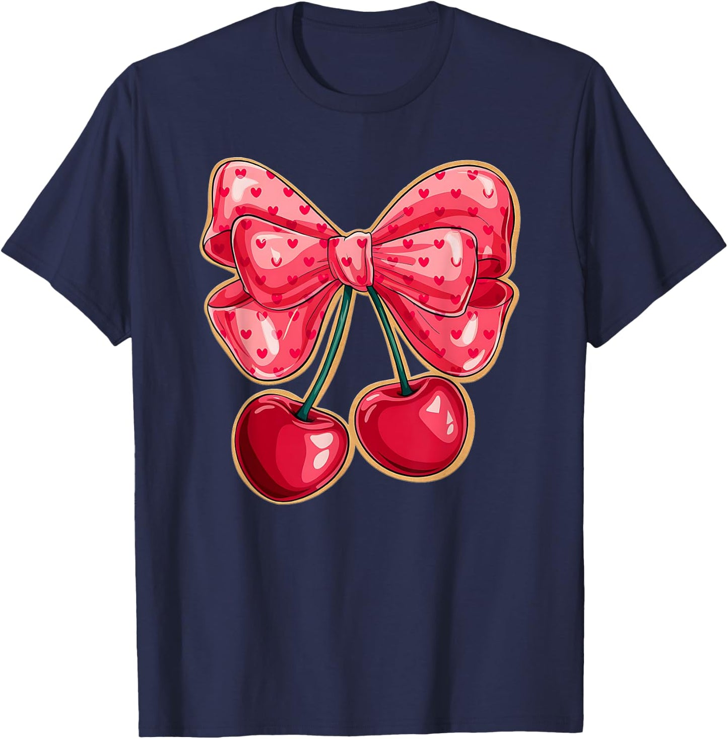 Cute Coquette Bows with Cherries and Hearts Aesthetic Bow T-Shirt - T-Shirt | Navy