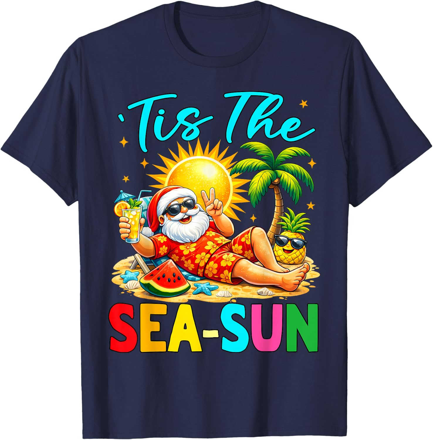 Tis The Sea-Sun Funny Christmas in July Hawaii Santa Beach T-Shirt - T-Shirt | Navy