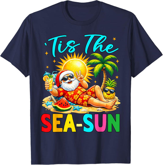 Tis The Sea-Sun Funny Christmas in July Hawaii Santa Beach T-Shirt - T-Shirt | Navy
