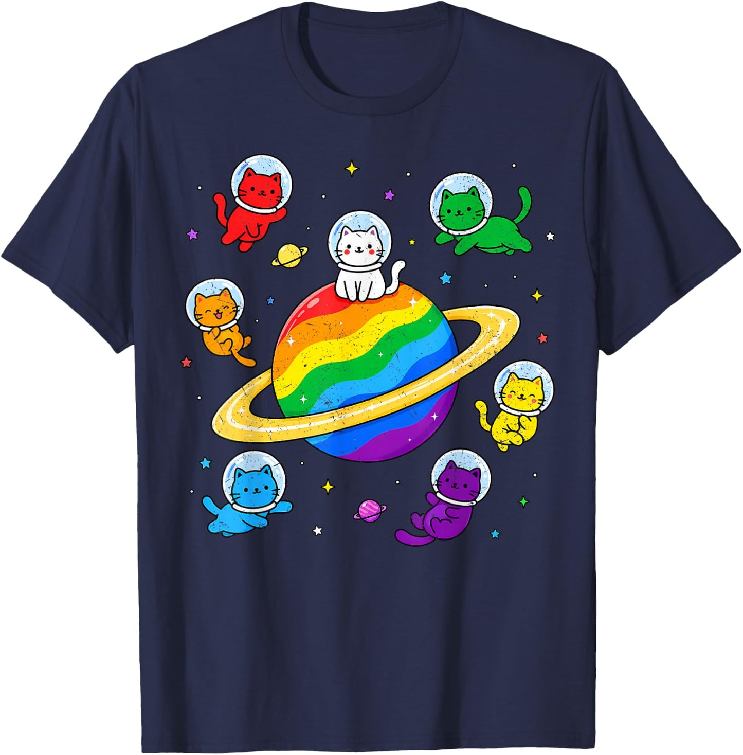 Cute Kawaii Cats Rainbow Space Cat LGBTQ Flag Gay Pride Ally T-Shirt - T-Shirt | Navy