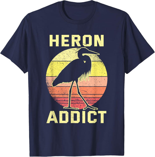 Retro Birding Heron Addict Blue Heron T-Shirt - T-Shirt | Navy