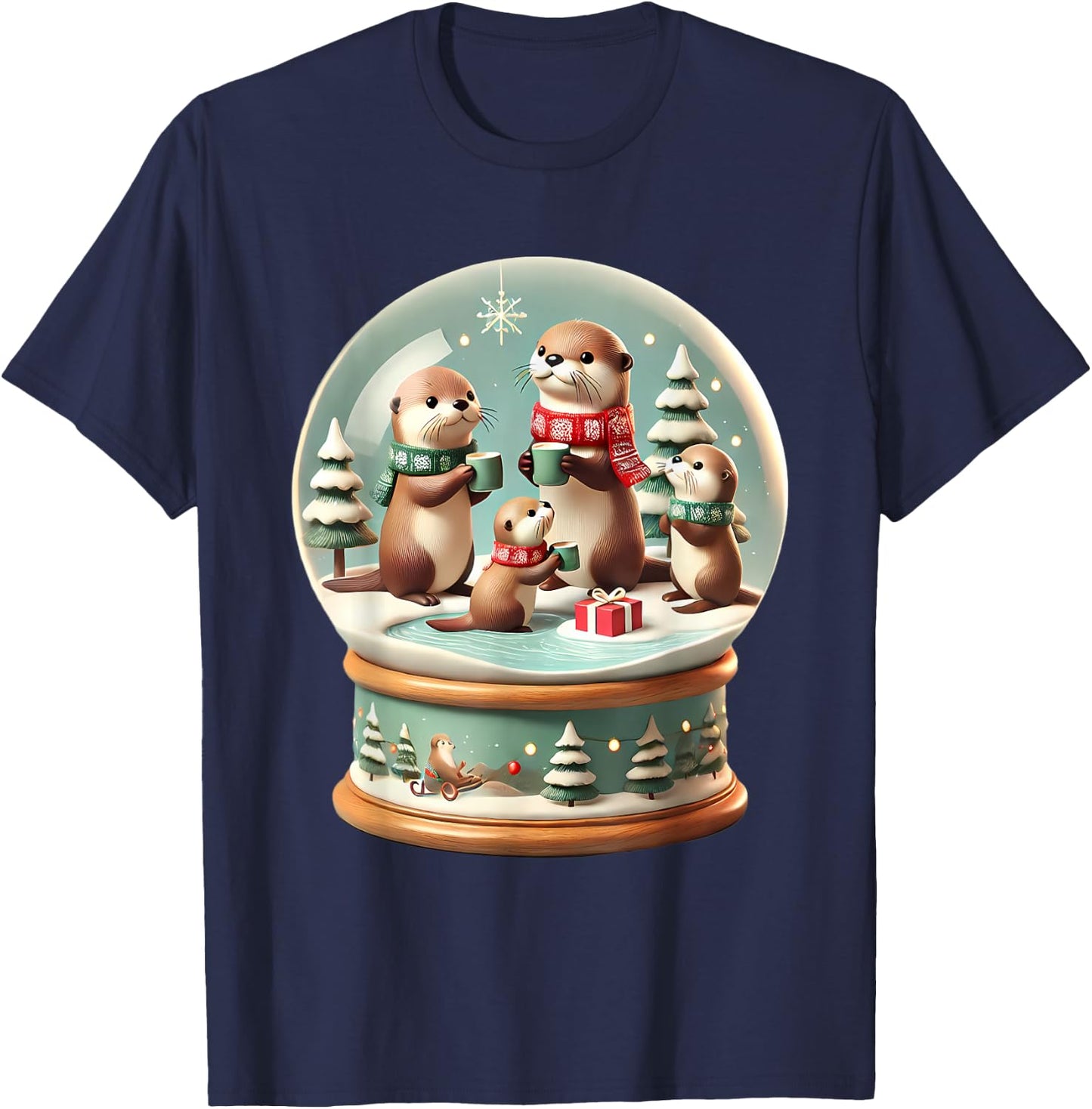 Christmas Otter Snow Globe Scene Family Holiday Xmas T-Shirt - T-Shirt | Navy