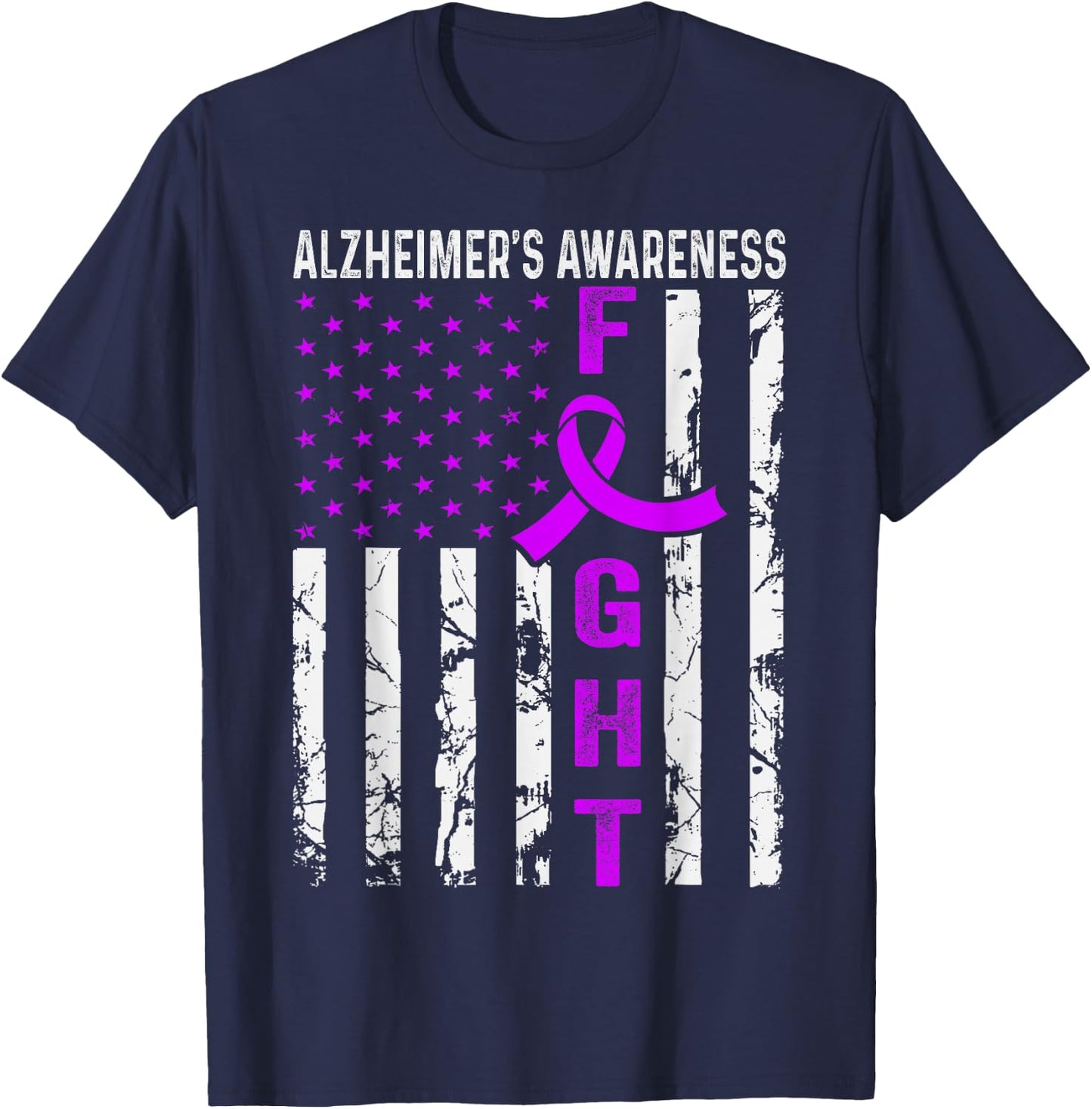 USA Flag Alzheimer's Awareness Month Purple Ribbon T-Shirt - T-Shirt | Navy
