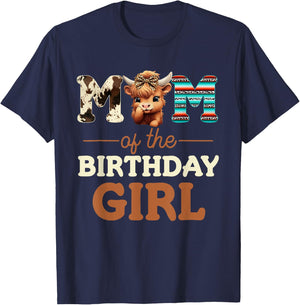 Mom of The Birthday Girl Highland Cow Print First Bday T-Shirt - T-Shirt | Navy