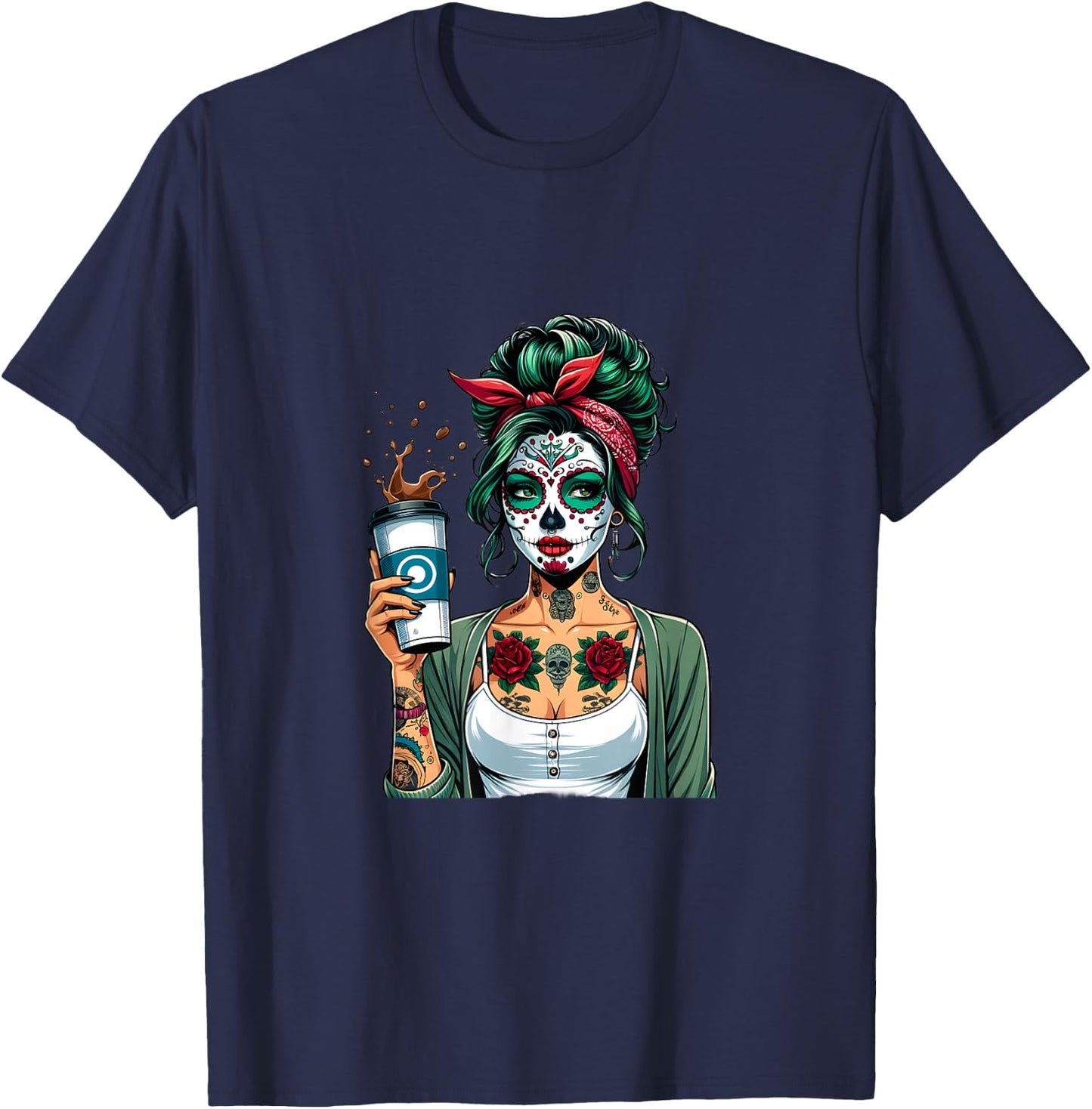 Retro Woman Diva Coffee Skull Make-Up Vintage Pin-Up T-Shirt - T-Shirt | Navy