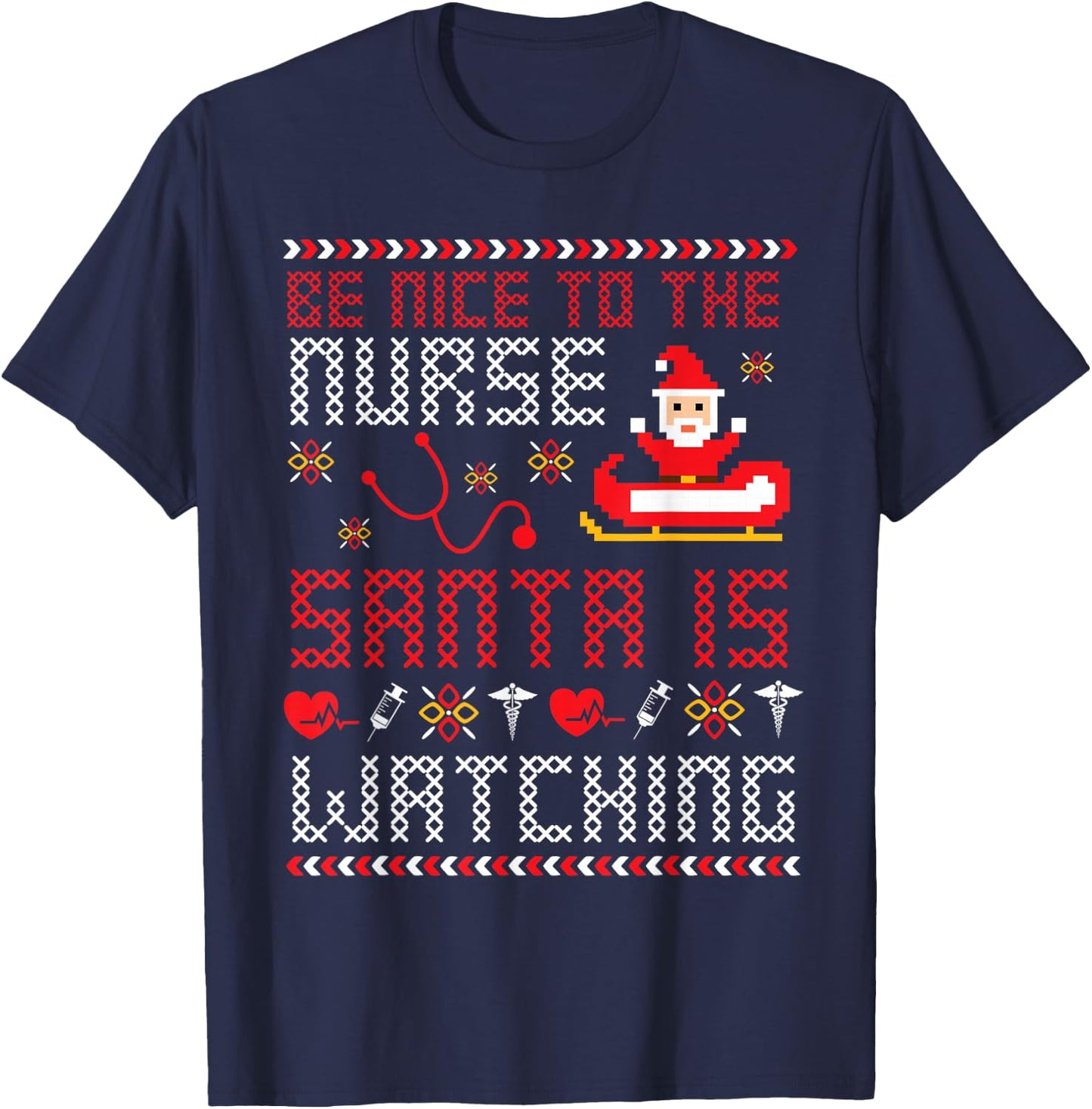 Christmas Santa Nurse Ugly Christmas Sweater T-Shirt - T-Shirt | Navy
