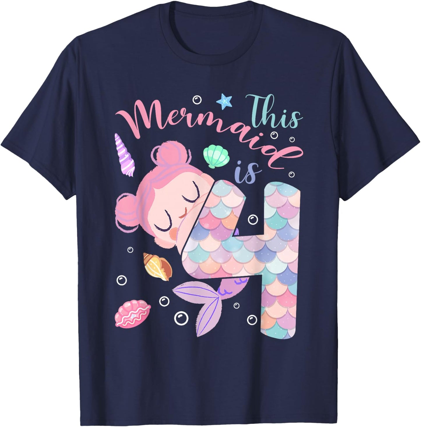 This Mermaid Is 4 Year Old Birthday Kids Girls 4th Birthday T-Shirt - T-Shirt | Navy
