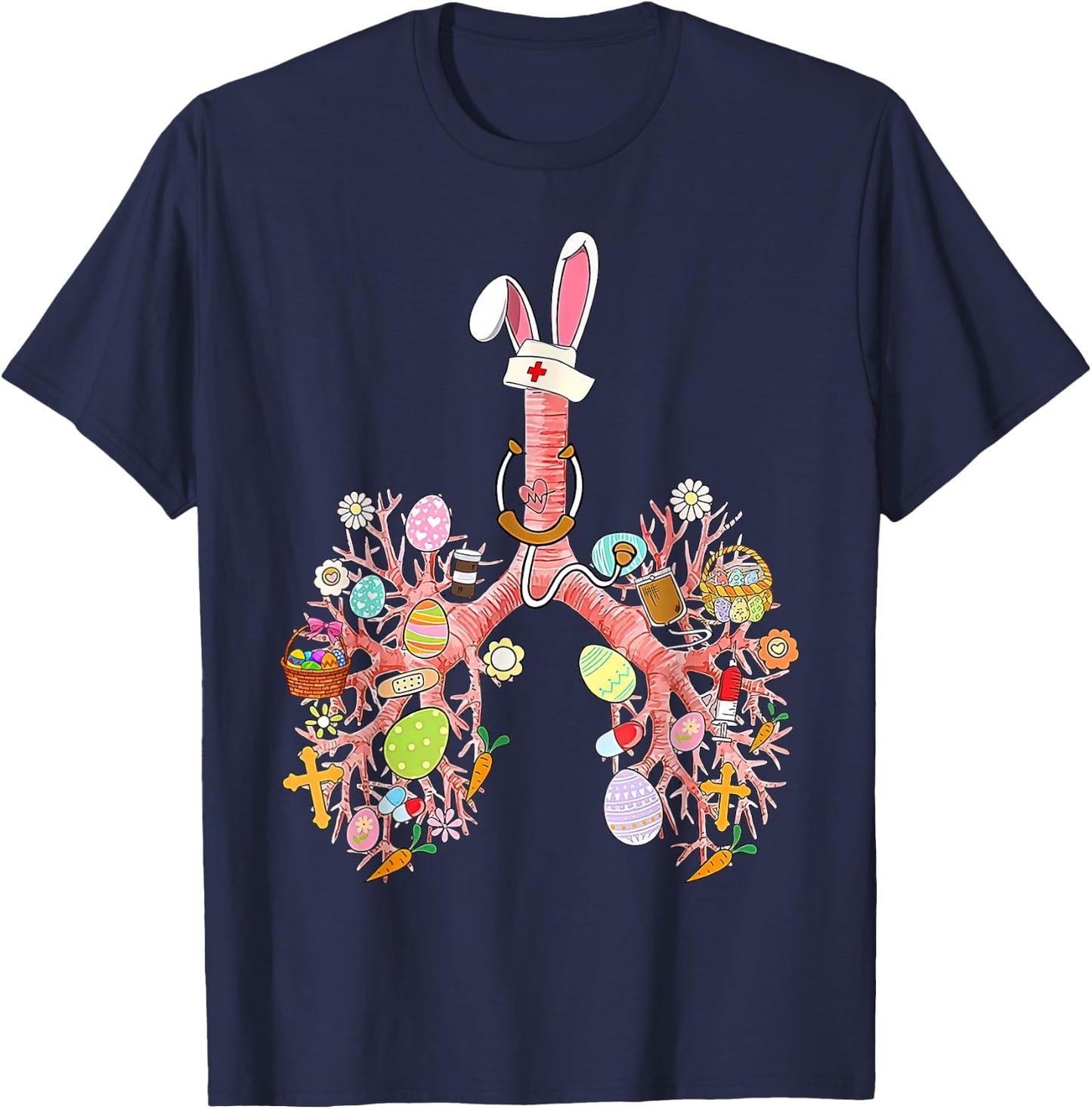 Bunny Lungs Respiratory Nurse Easter Day RT Therapist Eggs T-Shirt - T-Shirt | Navy