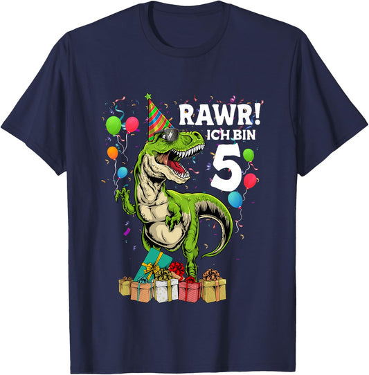 Children's Birthday Shirt 5 Years Boy Dinosaur Dino I Am 5 , black T-Shirt - T-Shirt | Navy