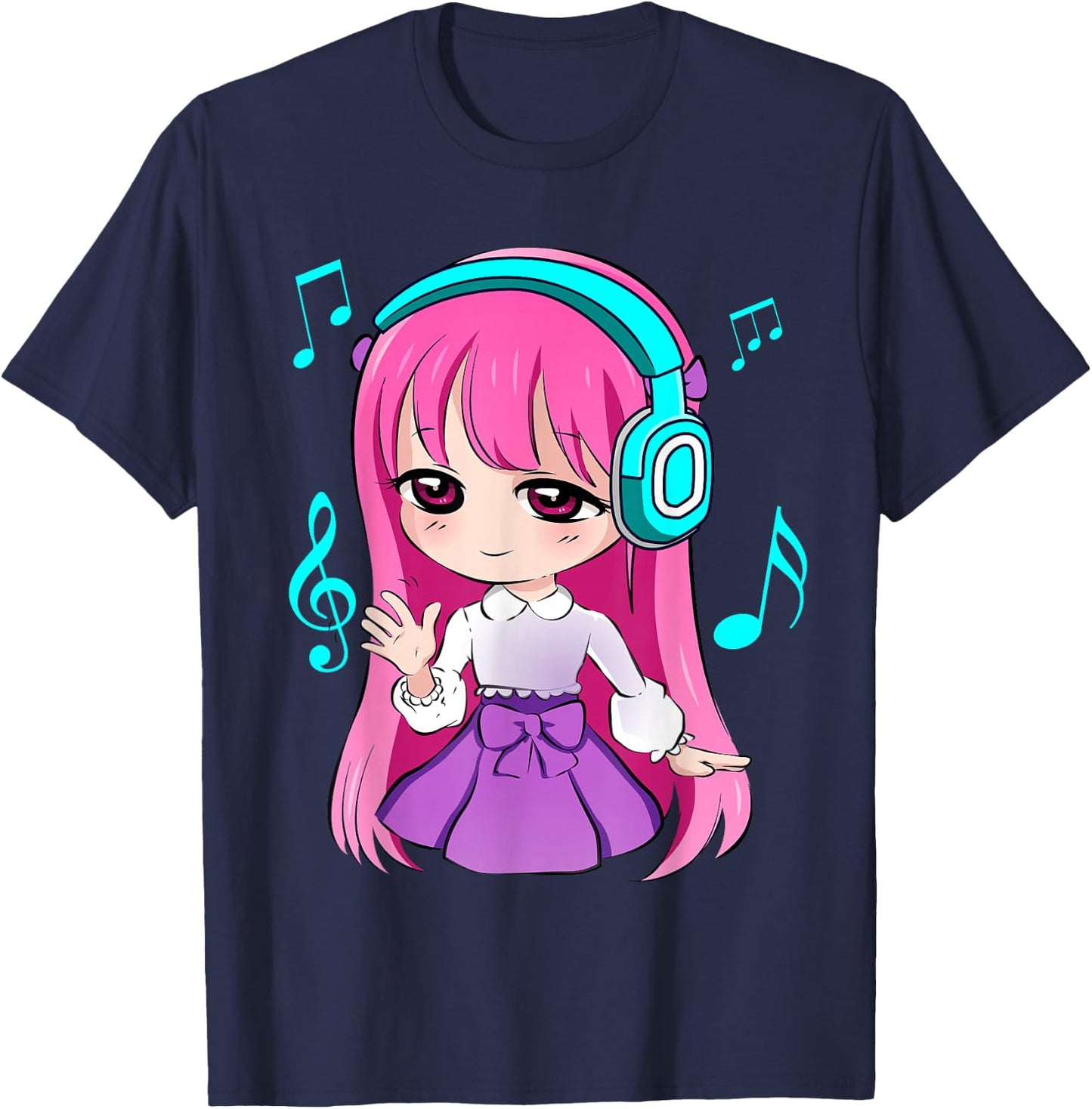 Anime and Music Girl for Teen Chibi Graphic Anime Girl T-Shirt - T-Shirt | Navy